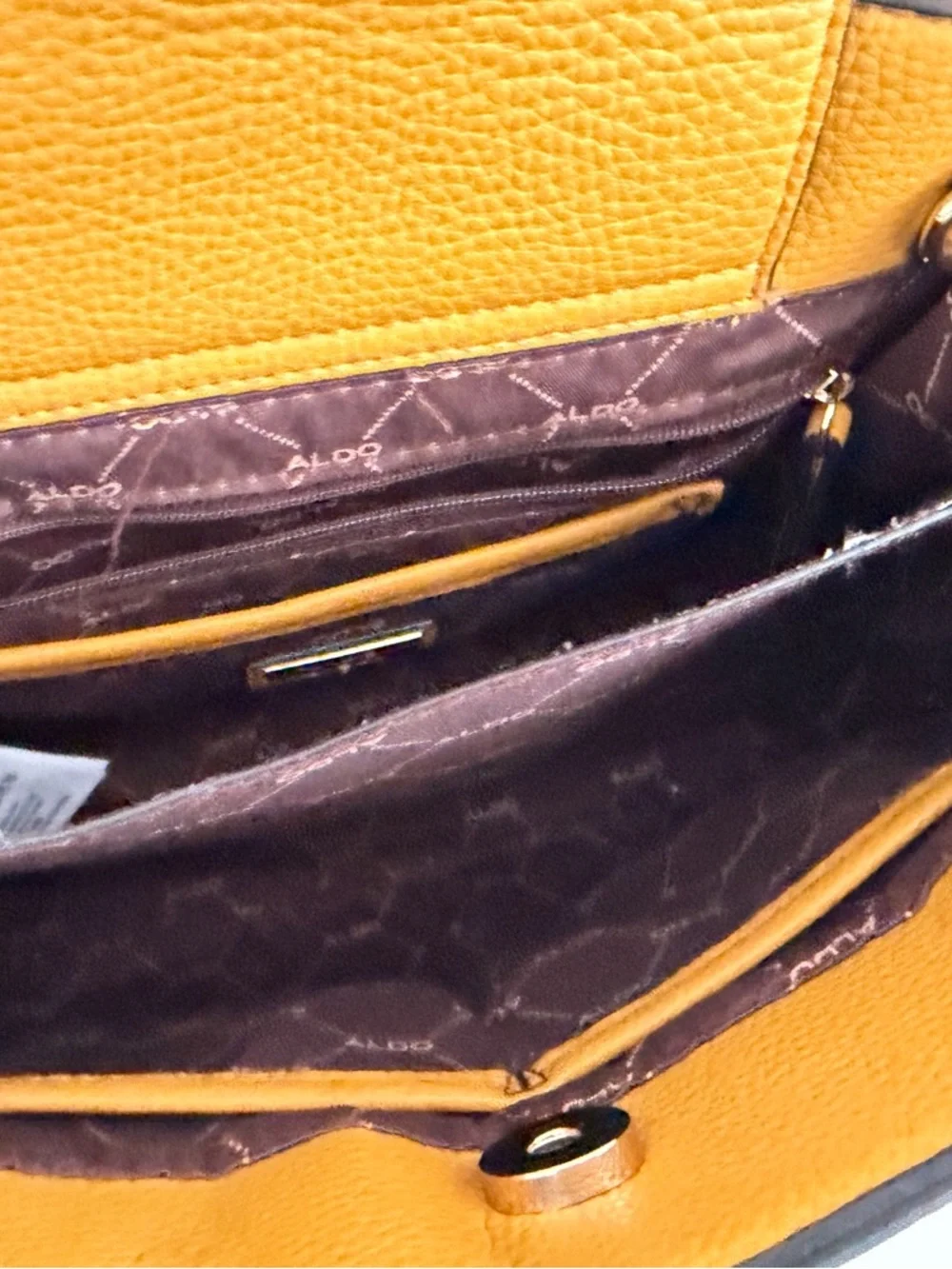 Aldo Mustard Yellow Pebbled Leather Satchel with Scarf Accent - Picture 8 of 10